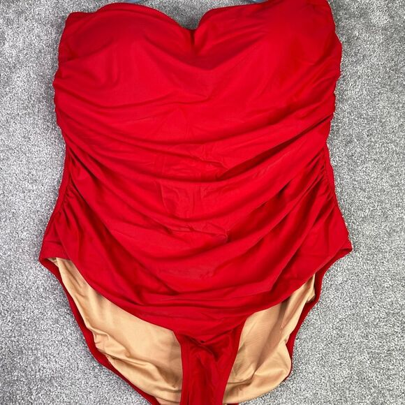 J. Crew Ruched Bandeau One-Piece Swimsuit Women’s 22 Red Strapless Full Coverage - Picture 2 of 10